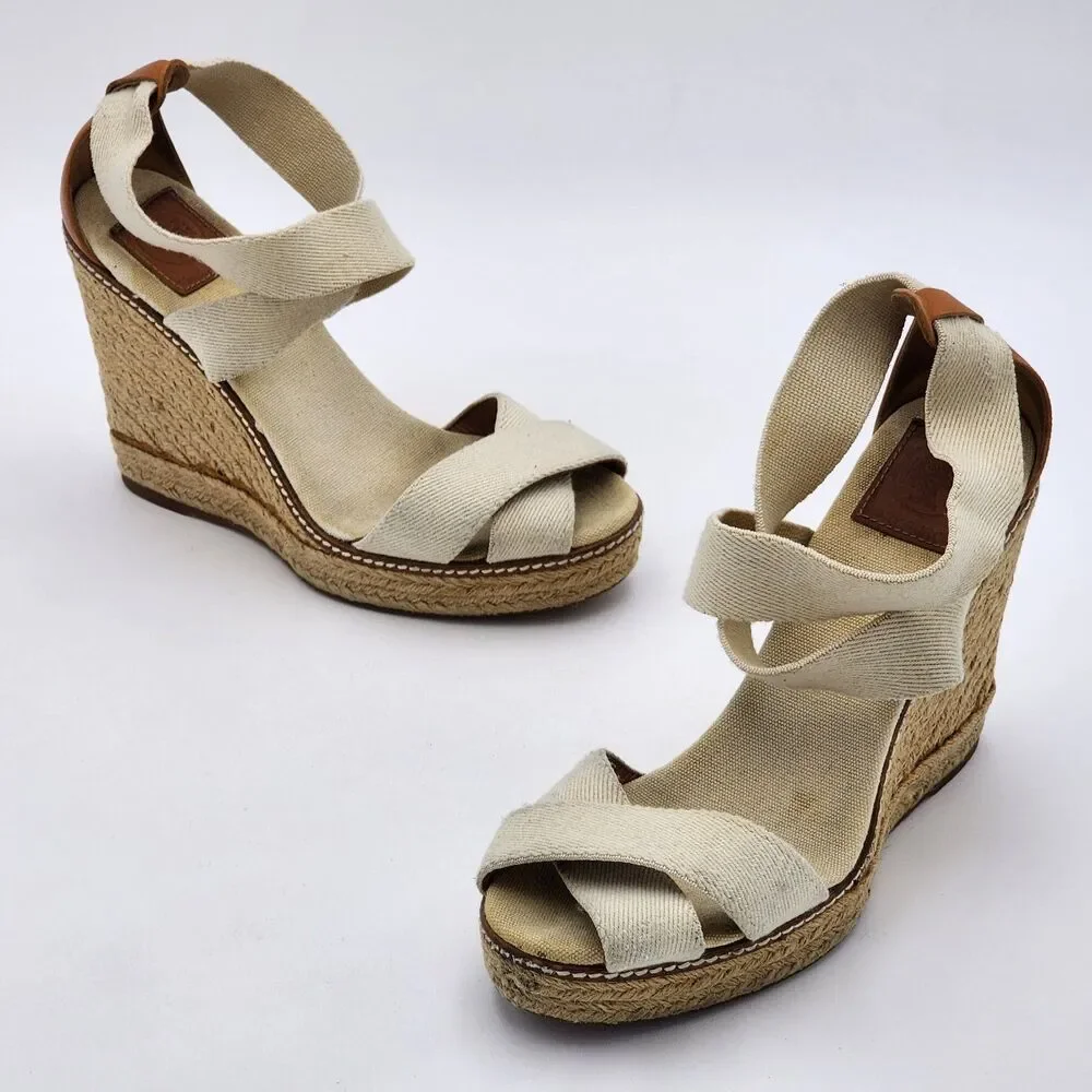 Tory Burch Adonis Espadrille Wedge Platform Heel Sandals Ivory Natural Size 9
